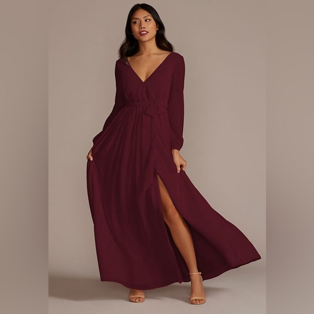 Long-sleeved Chiffon David’s Bridal Bridesmaid Dress with slit